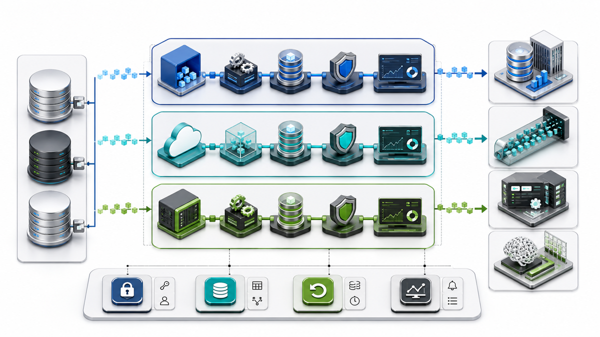 Three enterprise CDC operating models connecting operational databases to governed destinations